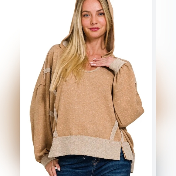 Zenana Outfitters Tops - Zenana Outfitters New In Poly Tan Hoodie Sweatshirt Size S/M PTP 32